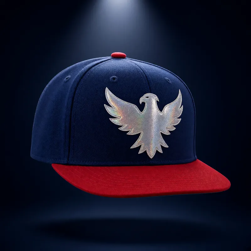 Navy snapback with a flat red brim and a silver glitter eagle across the front