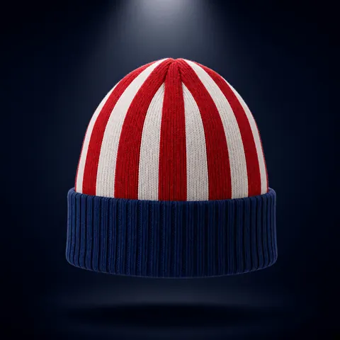 Back of the Mano a Mano beanie, showing the stripes and the navy cuff