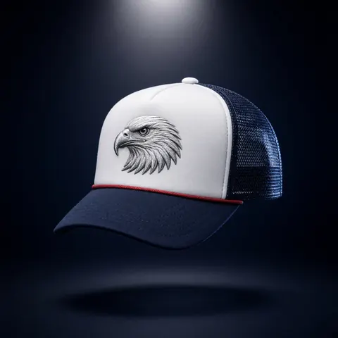 Trucker hat with a white foam front, an eagle-head patch, a navy mesh back and a red rope on the brim