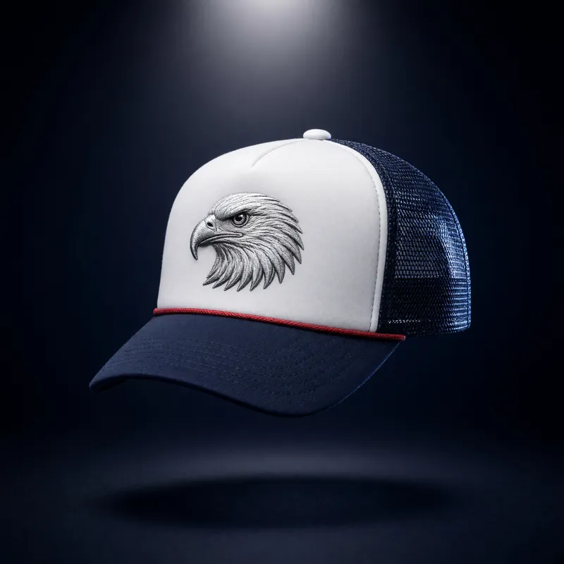 Trucker hat with a white foam front, an eagle-head patch, a navy mesh back and a red rope on the brim