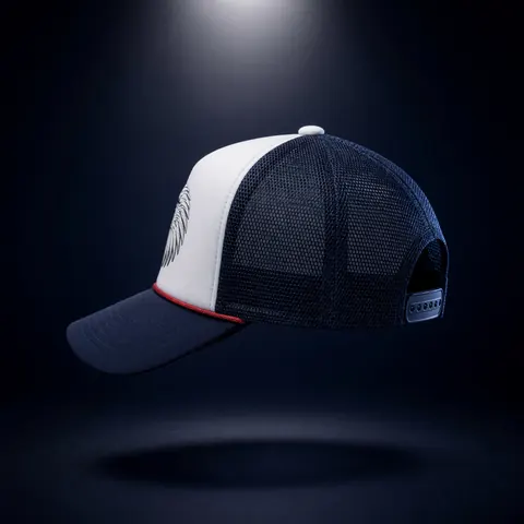 Side view of La Plancha, showing the navy mesh back and the snap closure