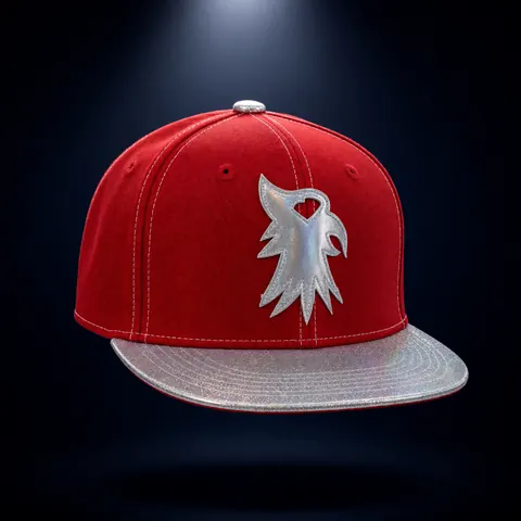 Red snapback with a silver glitter brim and a silver eagle-head patch