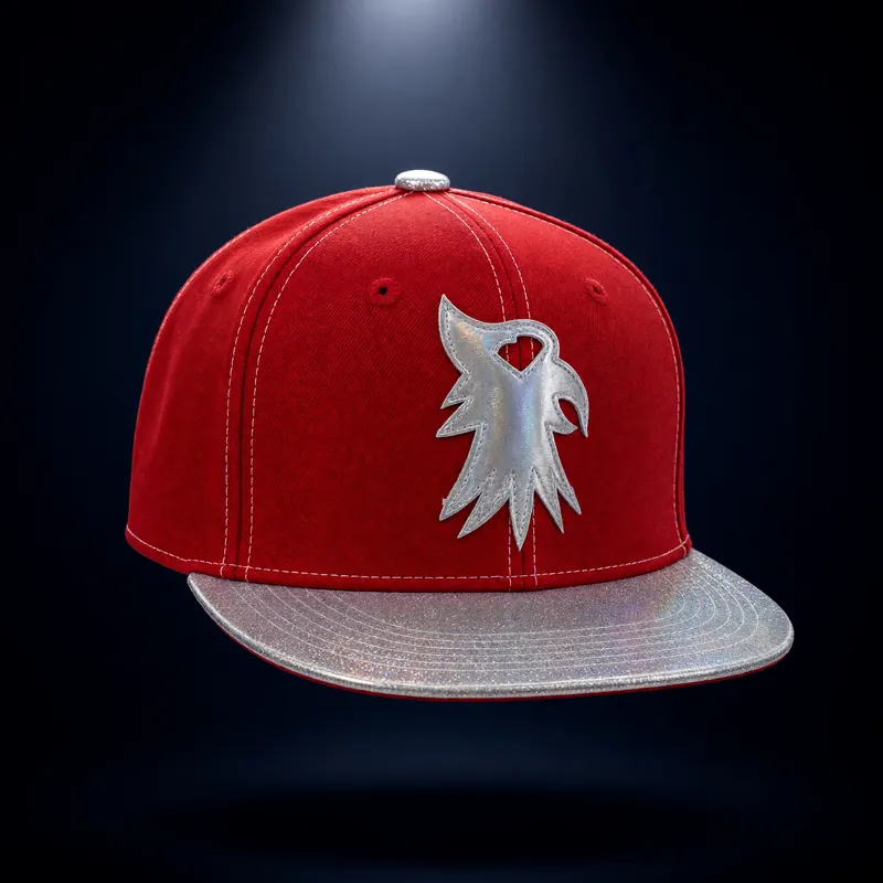 Red snapback with a silver glitter brim and a silver eagle-head patch