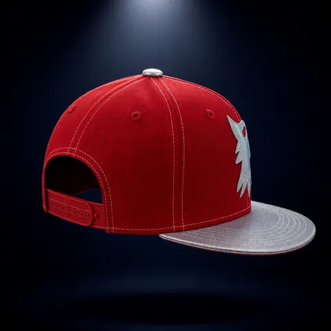 Rear three-quarter view of Rudo Red, showing the snap closure and white stitching