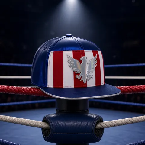 The Signature Crown resting on red, white and blue wrestling ring ropes under a spotlight