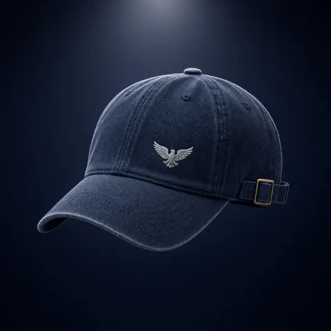 Washed navy dad hat with a curved brim, a small silver eagle and a brass buckle strap