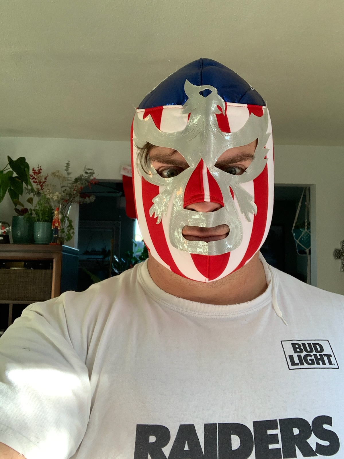A person wearing the stars-and-stripes lucha mask with the silver eagle, staring into the camera